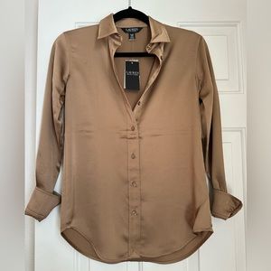 Lauren Ralph Lauren Fall 2023 Camel Satin Point Collar Long Sleeve Shirt